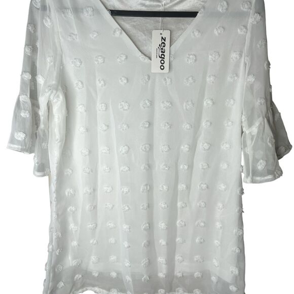 NWT Swiss Dot Chiffon 3/4 Ruffle Sleeve Blouse - Zeagoo Size Small #83 - Picture 3 of 13